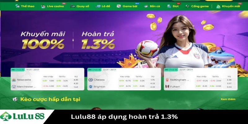 Nhận thưởng hoàn tiền cược 1.3% cho hội viên Lulu88